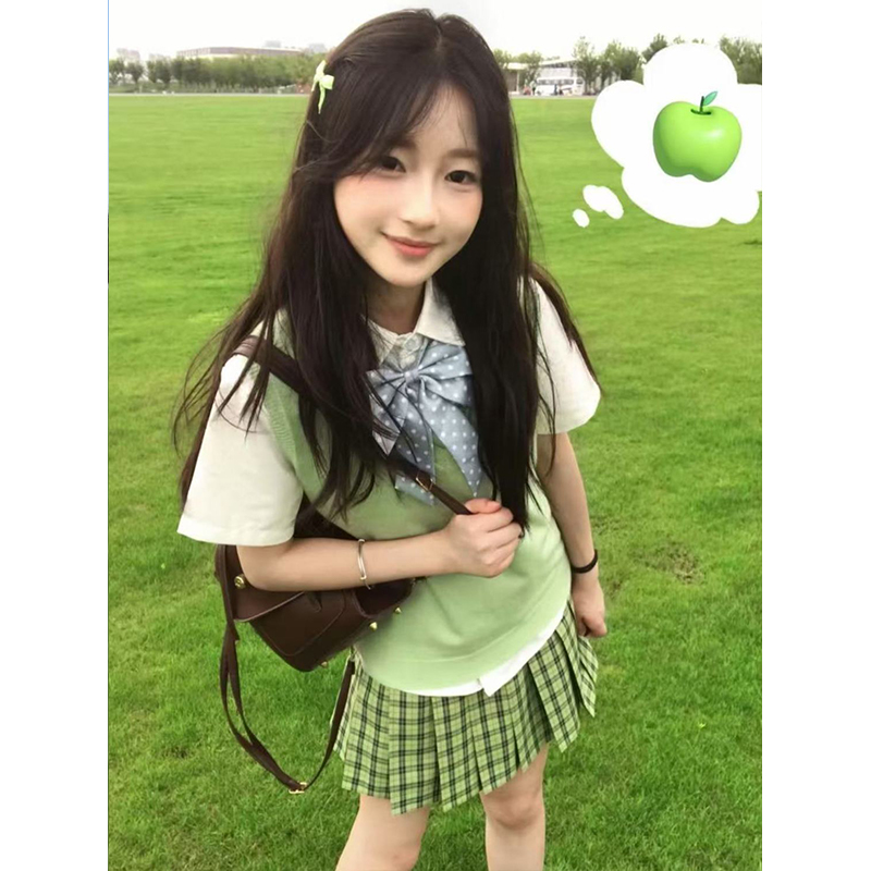 小青梅格裙原创JK制服针织衫V领马甲背心内搭短袖衬衫jk格裙套装