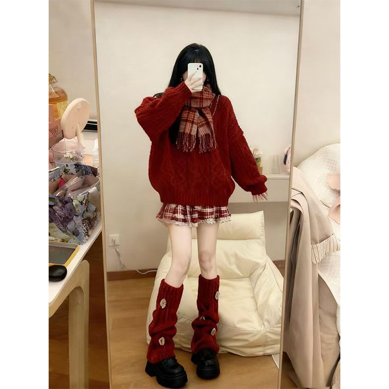 秋冬季圣诞新年约会麻花红色毛衣针织上衣设计感女甜美流苏边短裙