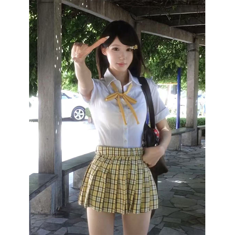 日系学院风基础款收腰短袖白色衬衫百搭格裙小杏中短裙原创JK制服