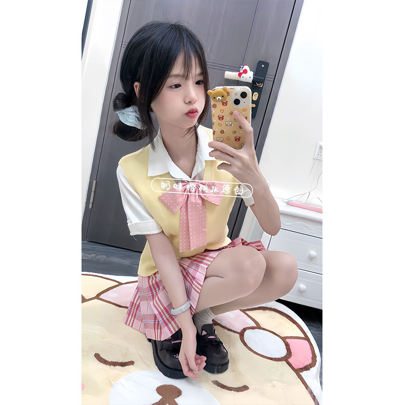 JK制服套装日系原创学院风V领针织衫背心马甲收腰短袖衬衫上衣女