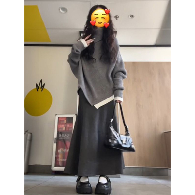 灰色高领不规则斗篷毛衣女秋冬小个子百搭针织衫+半身裙两件套