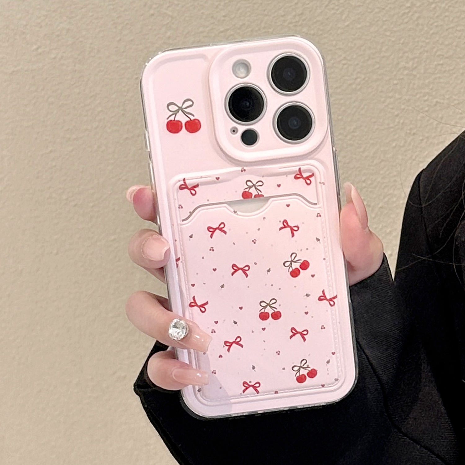 少女风甜美ins樱桃卡包适用iphone16promax新款手机壳苹果15Pro全包14plus防摔13硅胶软壳12放卡片11保护套XS