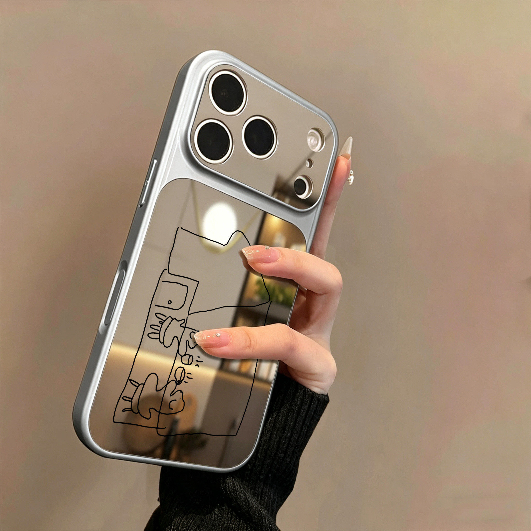 韩国博主ins线条饮咖小狗适用iPhone17苹果16手机壳15promax镜面14少女补妆13大视窗12皮纹11高级小众保护套