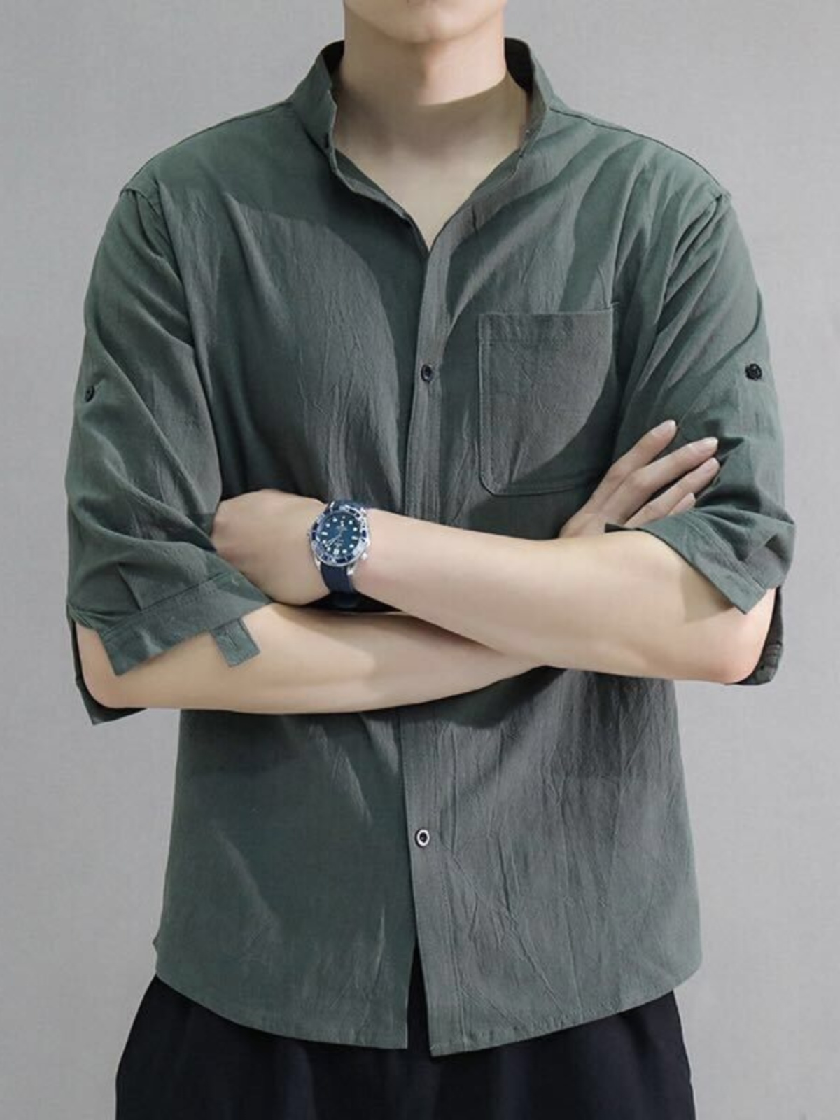 棉麻衬衫男短袖衬衣宽松大码男装中式风亚麻七分袖男休闲外套上衣