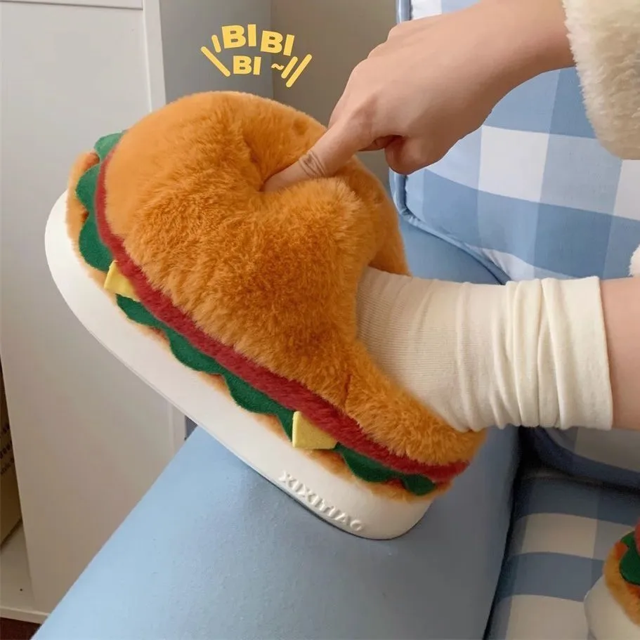 汉堡棉拖鞋女士冬季2025新款家居可爱全包跟保暖毛毛加绒棉鞋情侣