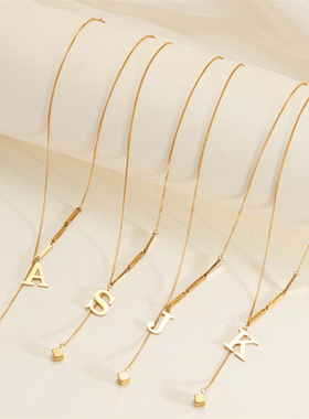 跨境新款方块不锈钢字母项链女钛钢流苏长款大写字母吊坠饰品