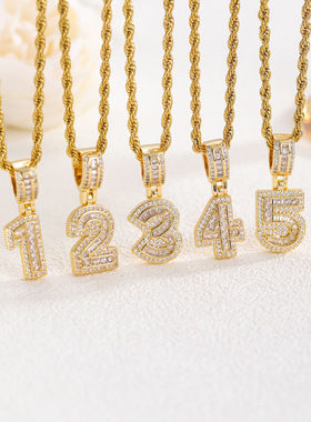 欧美嘻哈铜镀冰糖数字锆石字符数字吊坠个性朋克潮男项链跨境新品