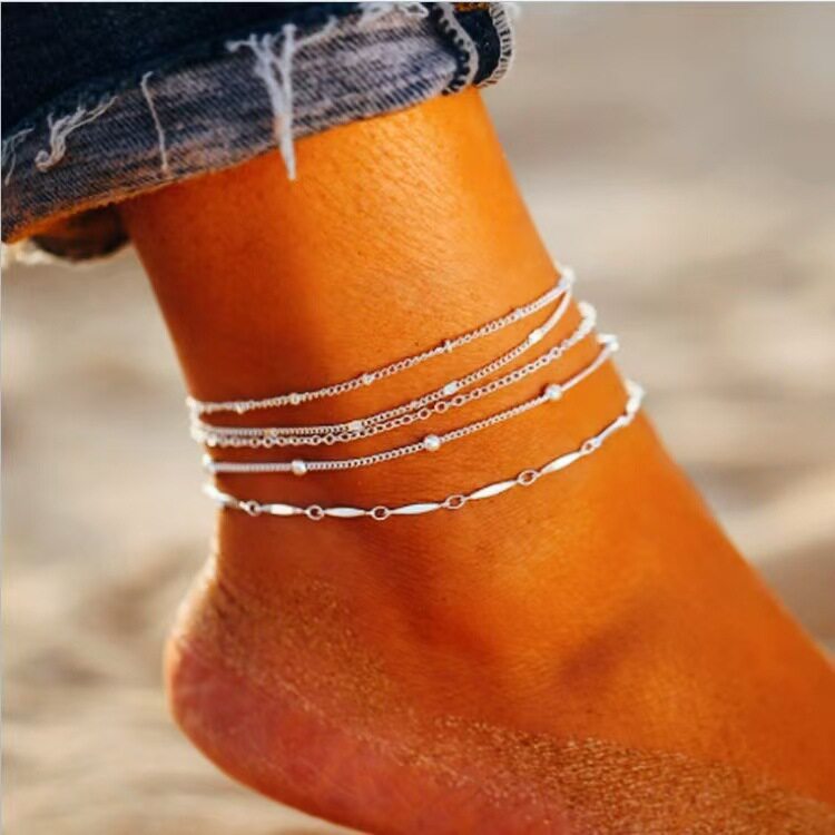 欧美跨境百搭流行脚饰5件套装饰品多款跨境沙滩金色链式新款脚链