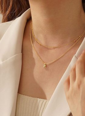 跨境隔珠链艺术字体26首字母不锈钢镀金项链分层项链女士时尚吊坠