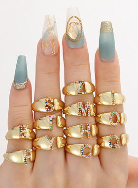 速卖通时尚微镶彩色锆石26个英文字母开口可调节戒指个性复古指环