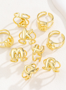 跨境亚马逊黄铜气球泡泡26字母钻石戒指个性双层开口可调节饰品