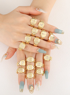 跨境新款简约设计复古可调节指环26个英文字母镶钻表带开口戒指