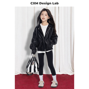 女童美式复古皮夹克2025秋季新款儿童黑色机车服翻领短款皮衣外套
