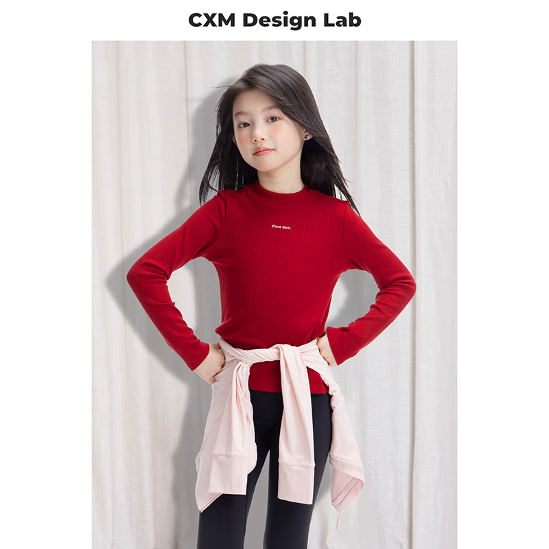 女童半高领羊毛长袖T恤2025秋冬新款儿童保暖红色打底衫上衣