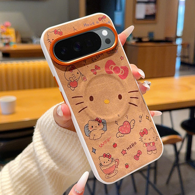 高级可爱磁吸适用谷歌Pixel10ProXL手机壳皮纹Pixel10Pro保护套全包防摔软边Pixel10网红KT卡通凯蒂猫棕色