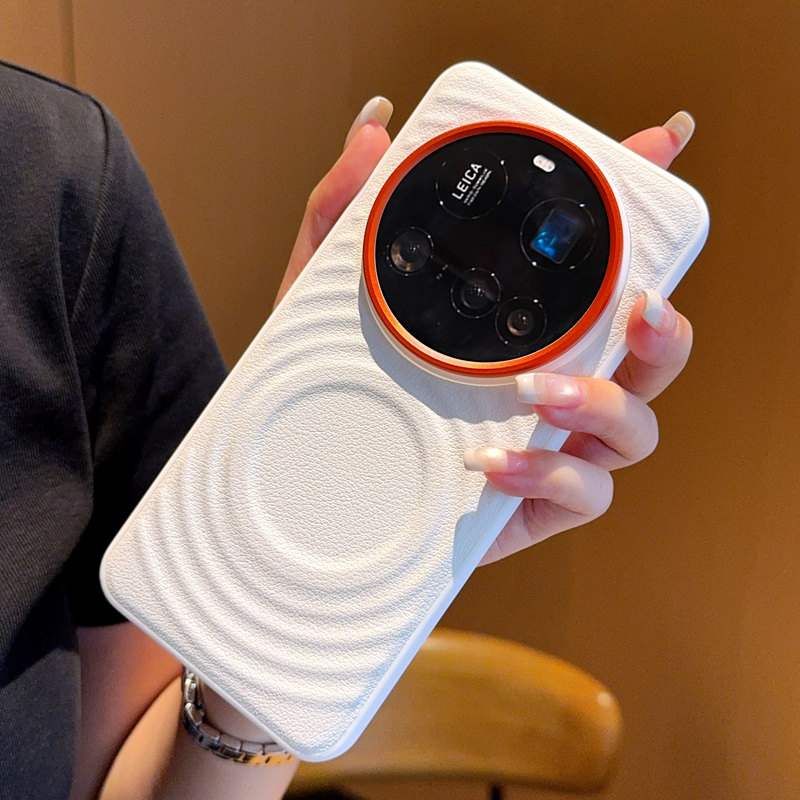 高级磁吸波漾纹适用小米15Ultra手机壳皮纹小米14Ultra保护套全包防摔胶软边防摔15Ultra高档橙色金属镜头