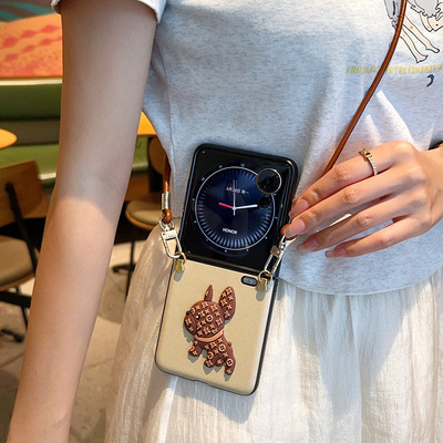 适用荣耀magicVFlip2手机壳皮纹斜挎狗狗挂绳magicVFlip2折叠屏全包防摔保护套蚕丝纹个性背带潮牌男女