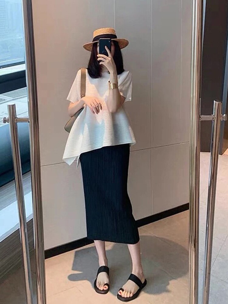 星芭莎褶皱春夏褶皱裙高腰显瘦侧边开叉包臀百褶裙女中长款半身裙