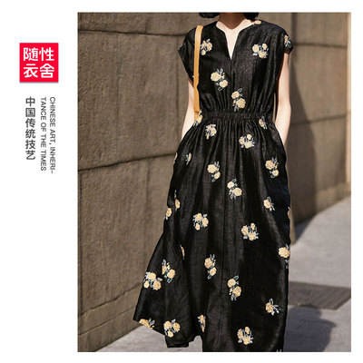 新款 高端 [真丝绣球花*刺绣]长裙香云纱连衣裙桑蚕丝中长款长裙