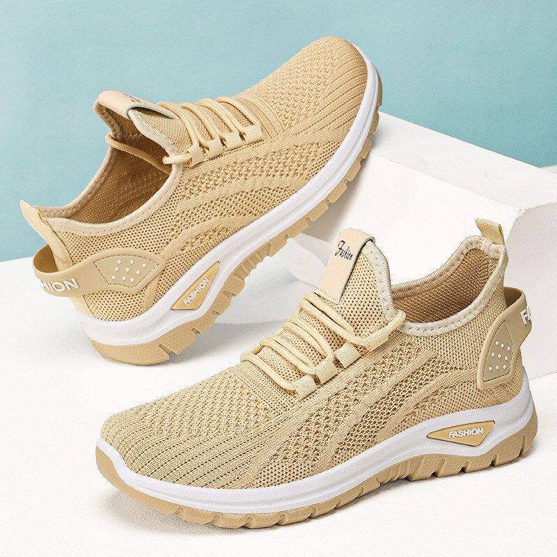 跨境大码春季女鞋纯色百搭休闲鞋软底轻便运动鞋透气飞织鞋跑步鞋