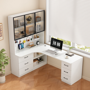 实木转角式书桌书柜家用学习写字桌带抽屉组合一体书架办公电脑桌