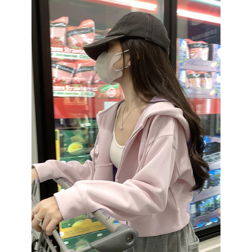 开衫连帽卫衣女2024新款春秋季粉色爆款初秋上衣宽松休闲短款外套