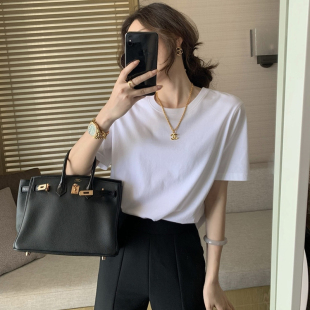 薄款 白色正肩短袖 圆领韩版 T恤女2025夏季 纯棉体恤宽松上衣 基础款