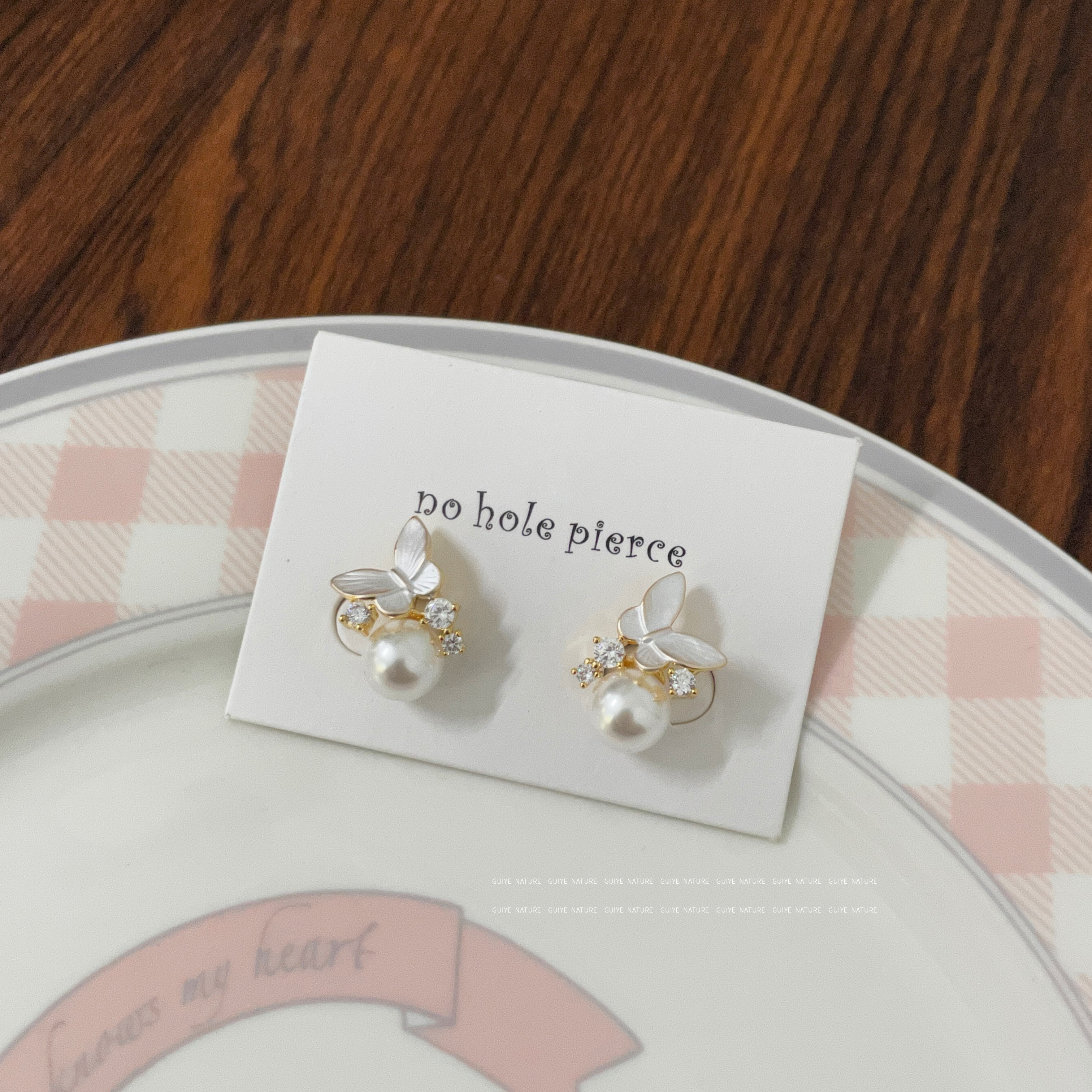 洁白精灵蝴蝶锆石珍珠无耳洞耳夹