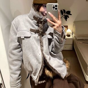 网红款山雕麂百搭通叠穿毛领女季流复爆厚棉座皮勤外套冬潮古款加