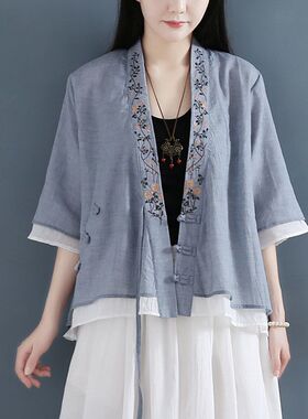 网红款斜盘中纯棉衬衫女国复服棉衫襟三扣袖假两件上衣新款中风古