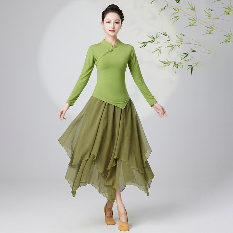老师推荐广场舞服装秋季女成人新款套装长袖真丝皱裙跳舞蹈中老年
