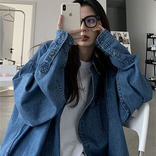新设感版 网红款 秋季 计小众韩上衣宽衬女古牛仔衫 松气 复衬女春女装