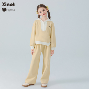 小童木 可爱奶黄女童运动套装春季新款假两件连帽卫衣裤子两件套