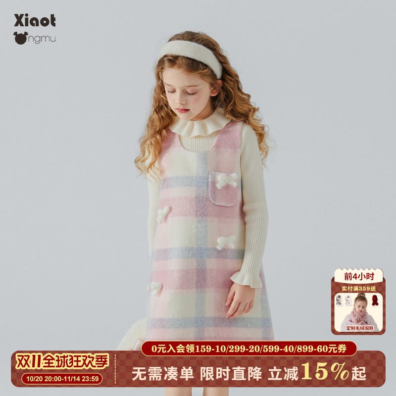 小童木女童甜美冬季格纹连衣裙