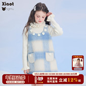 新款 小童木 甜美蓝白格女童连衣裙冬装 立体花朵中大童毛呢背心裙