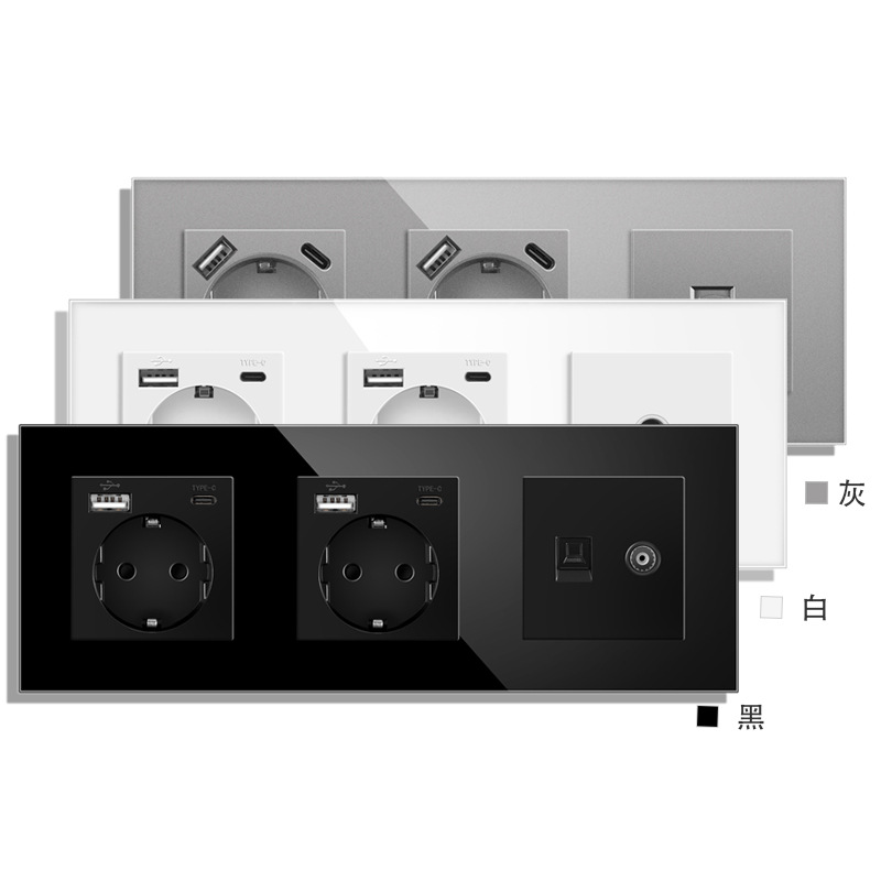 82型带欧盟双壁插座电视互联网RJ45电脑连接Type-cUSB插座玻璃框