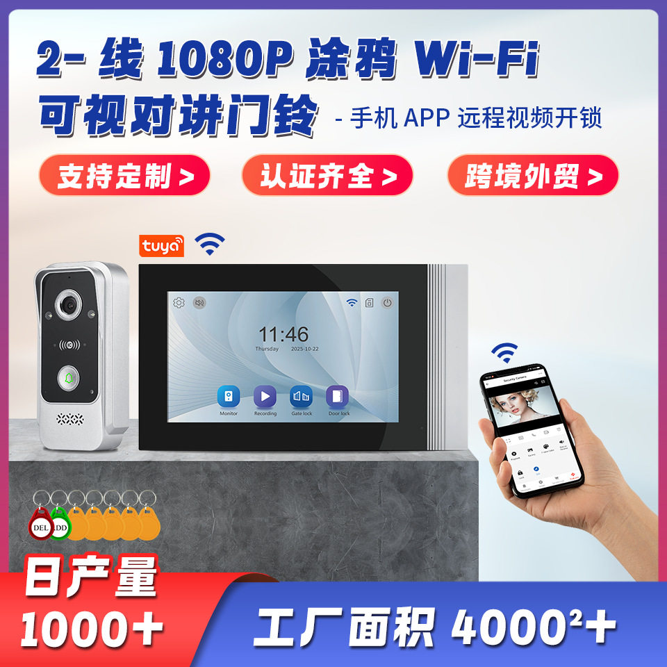 2线1080P涂鸦WiFi门铃APP远程双开锁移动侦测智能可视门铃