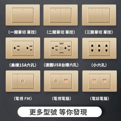 外贸美规开关插座金色面板墙壁泰式六孔插座 台湾插座带20Wtype-c