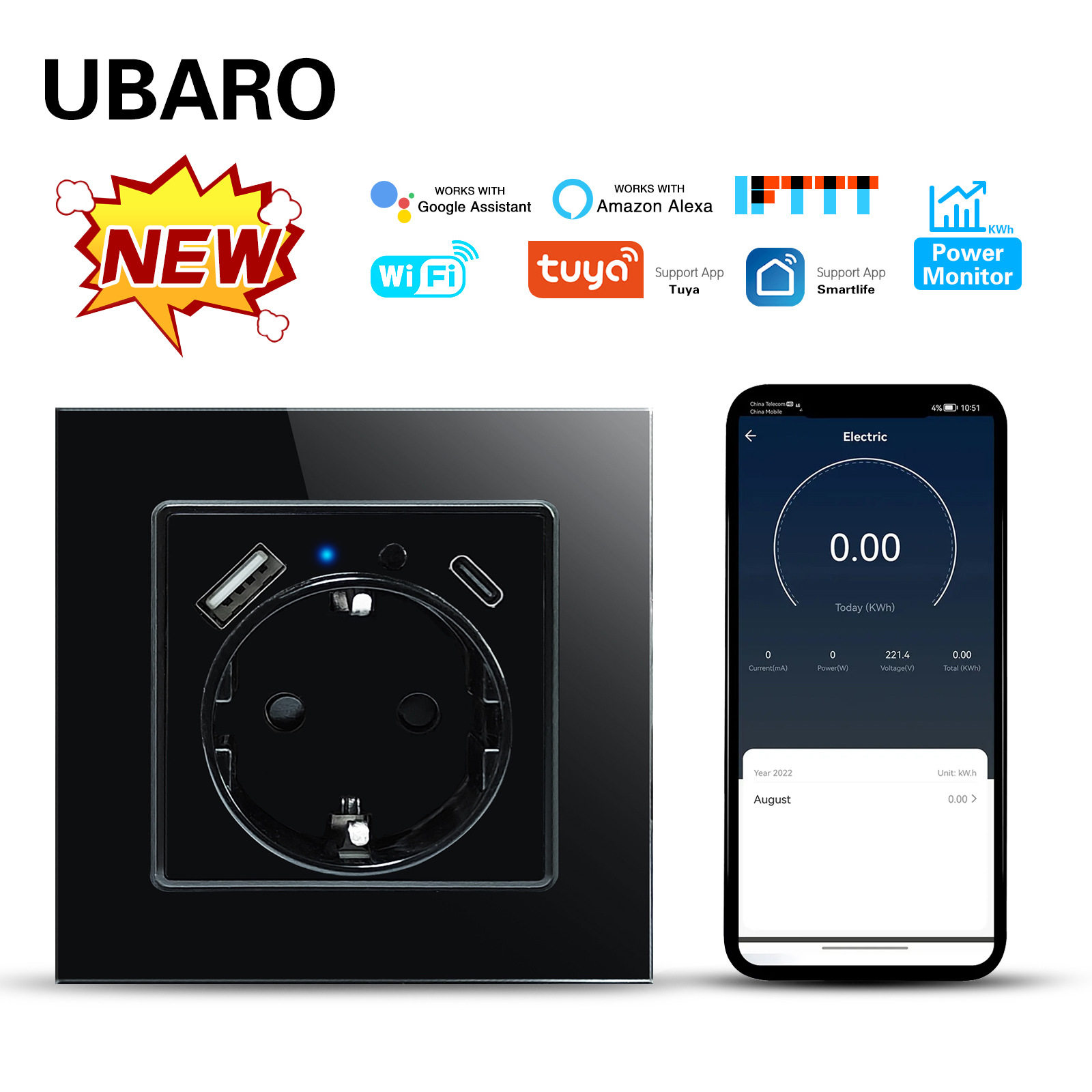 86型WIFI智能插座钢化玻璃面板USB语音TYPEC电量监控墙插2A加工