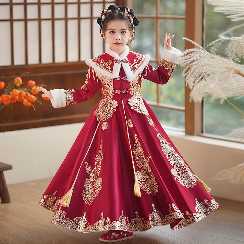 汉服女童秋冬加绒古装拜年服公主裙儿童唐装连衣裙小女孩新年衣服