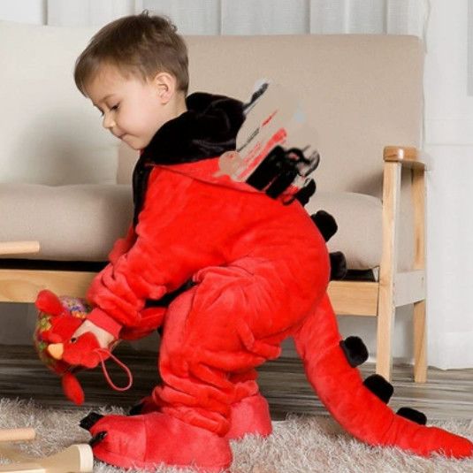 法兰绒成人儿童红恐龙连体睡衣动物秋冬加厚外穿亲子家居服