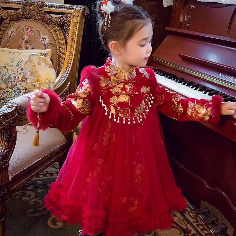 小女孩新中式连衣裙冬季新款夹棉保暖气质喜庆拜年服时尚一体裙子