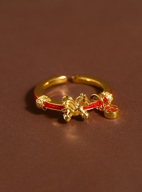红色编织绳金色钱币小马戒指女