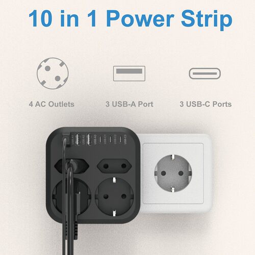 10合1 EU欧规插头电涌保护器4插座扩展器带3个USB-A和3个USB-C端