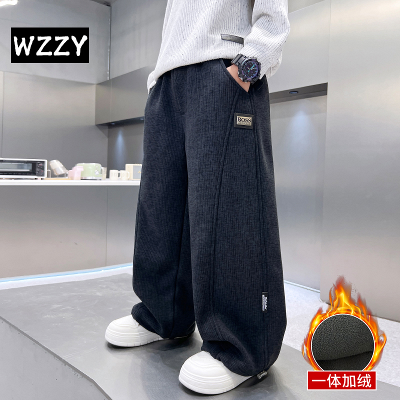 男童加绒裤子秋冬款儿童休闲运动裤2025新款中大男孩加厚冬季卫裤