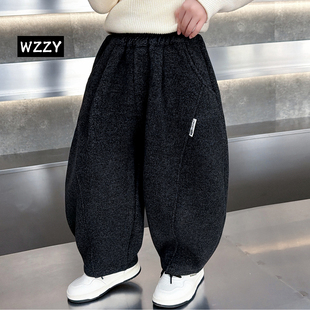 男童加绒裤子儿童弯刀裤时髦冬款2025新款男孩冬季加厚一体绒卫裤