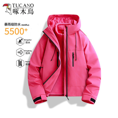 啄木鸟玫红冲锋衣女2025新款户外小个子超好看三合一短款运动外套