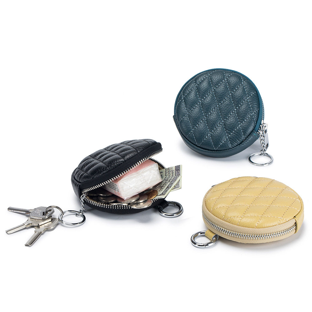 新款圆形菱格女士零钱包粉饼小圆包简约耳机收纳袋真皮迷你硬币包