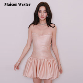 Wester 唐艺昕同款 2025夏季 Maison 新款 粉缎面抹胸花苞连衣裙