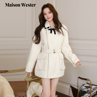 法式 新品 撞色上衣翻领蝴蝶结收腰外套 Wester2025年冬季 Maison